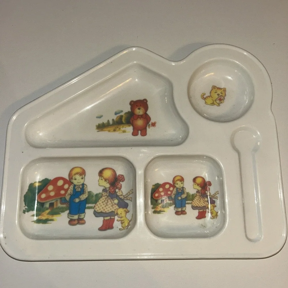 Vintage Melamine Kids Divided Tray Plate Storybook Mushroom Bear Cat Spoon